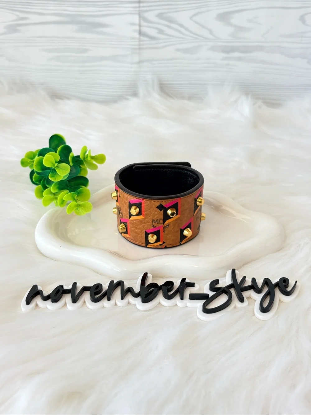 MCM Cognac Visetos Geometric Studded Leather Cuff with Pink & Black Accents